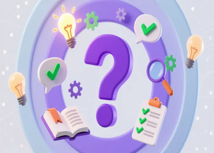 Ilustracja pomocy FAQ - znak zapytania otoczony żarówkami, bąbelkami mowy i symbolami informacji