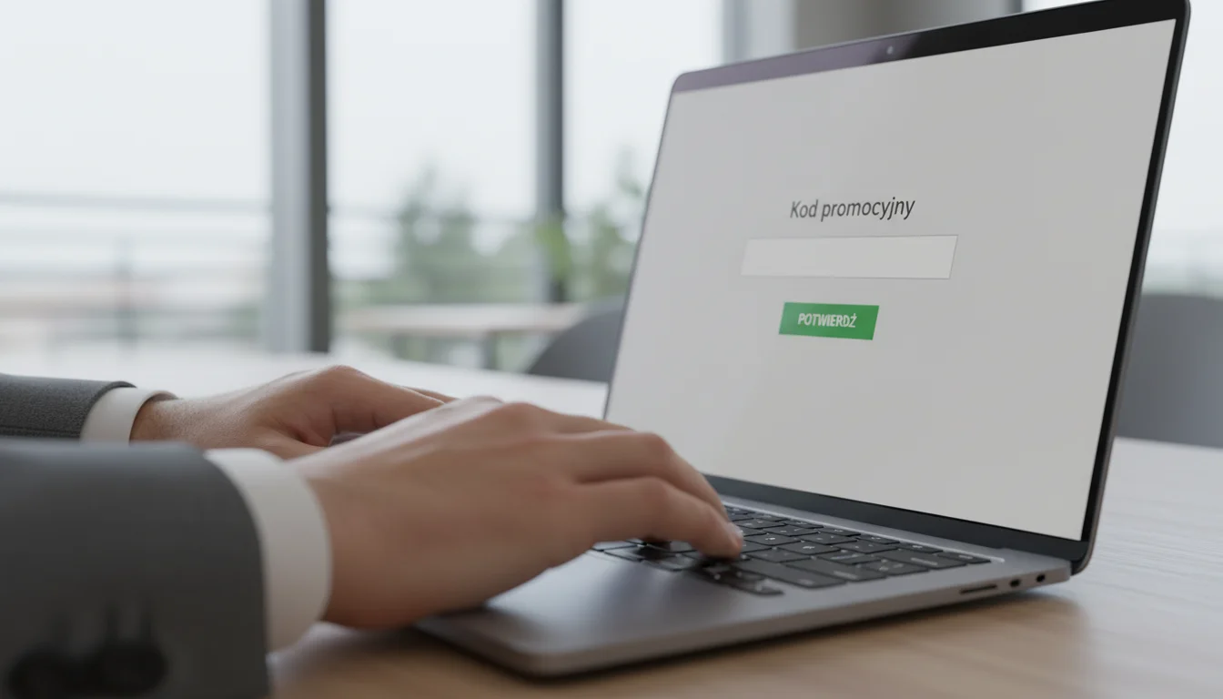 Dłonie wpisujące kod promocyjny na klawiaturze laptopa