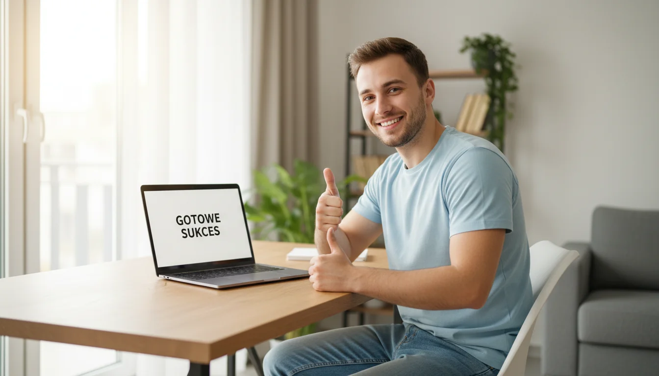 Mężczyzna z kciukiem w g&oacute;rę uśmiechający się przy laptopie