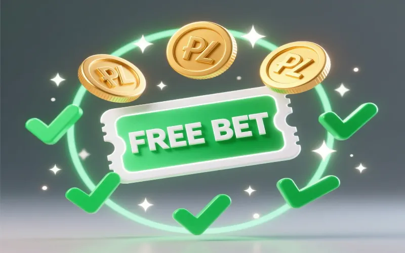 Ilustracja bonusu freebet - darmowy kupon z monetami PLN i zielonymi symbolami sukcesu