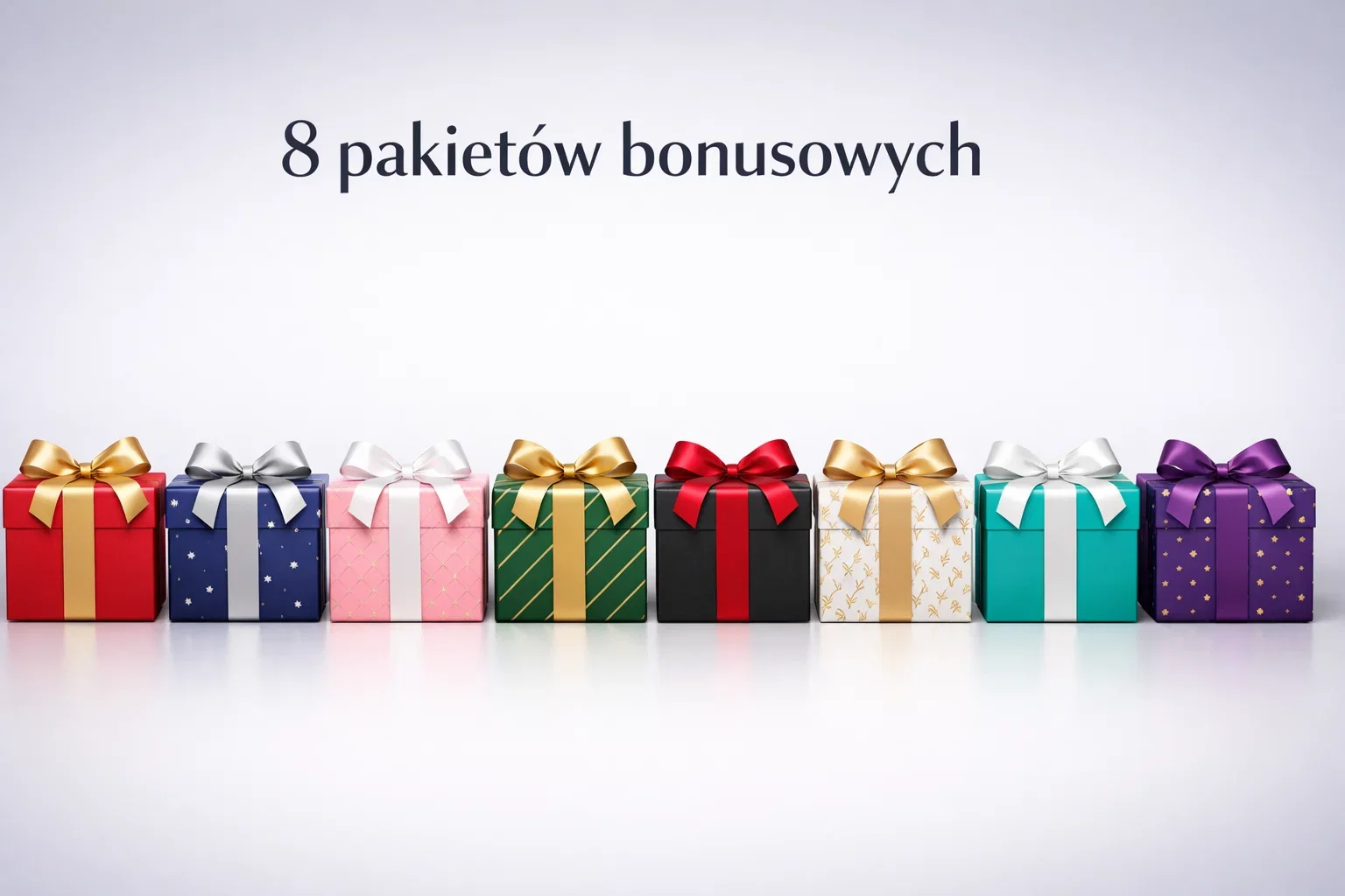 Osiem kolorowych pudełek bonusowych reprezentujących pakiety Bonus Box