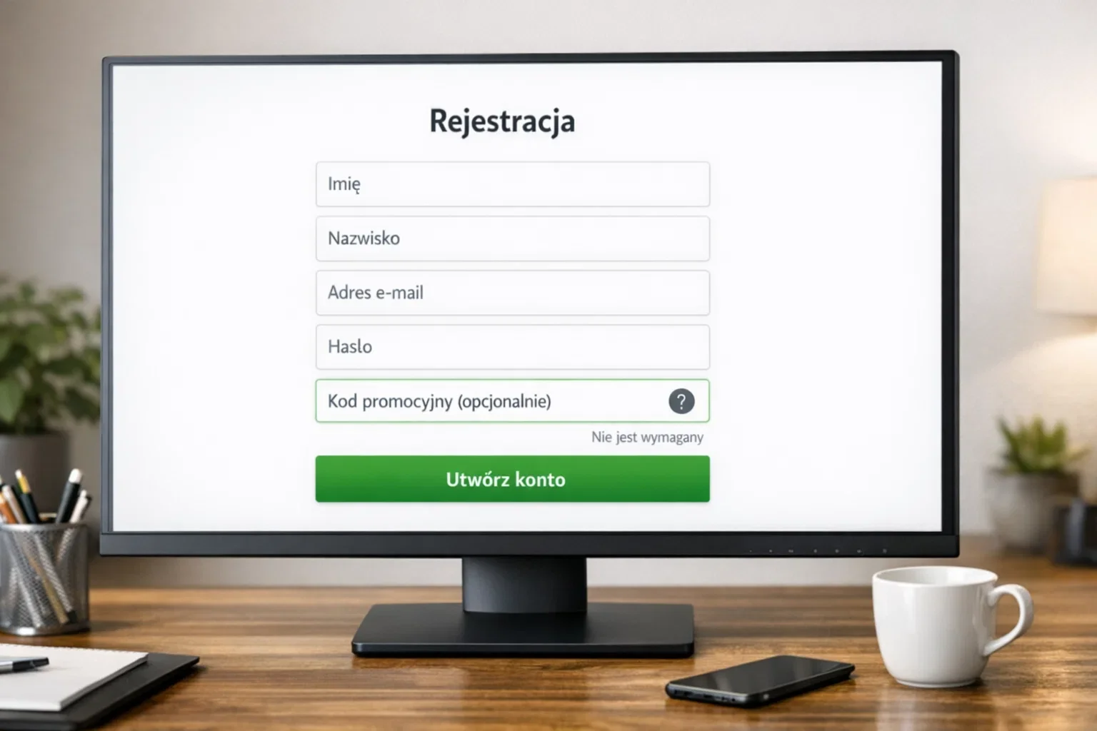 Formularz rejestracyjny z opcjonalnym polem na kod promocyjny