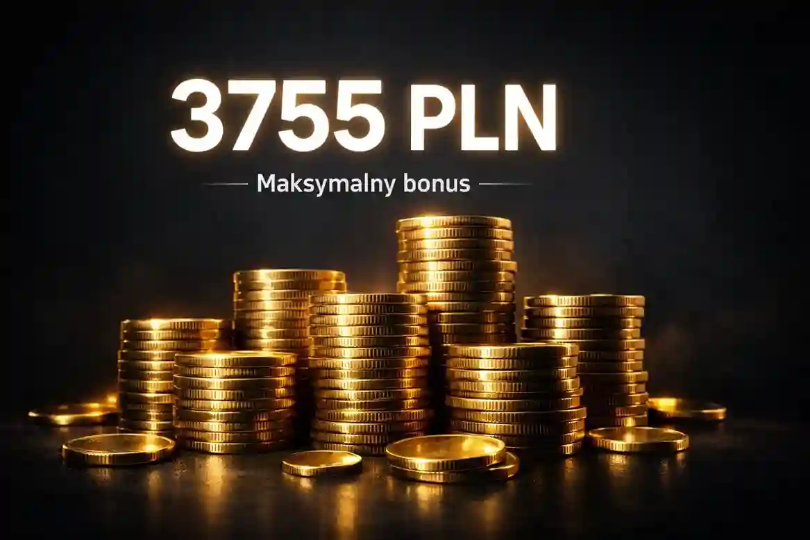Złote monety i cyfry pokazujące kwotę 3755 PLN bonusu