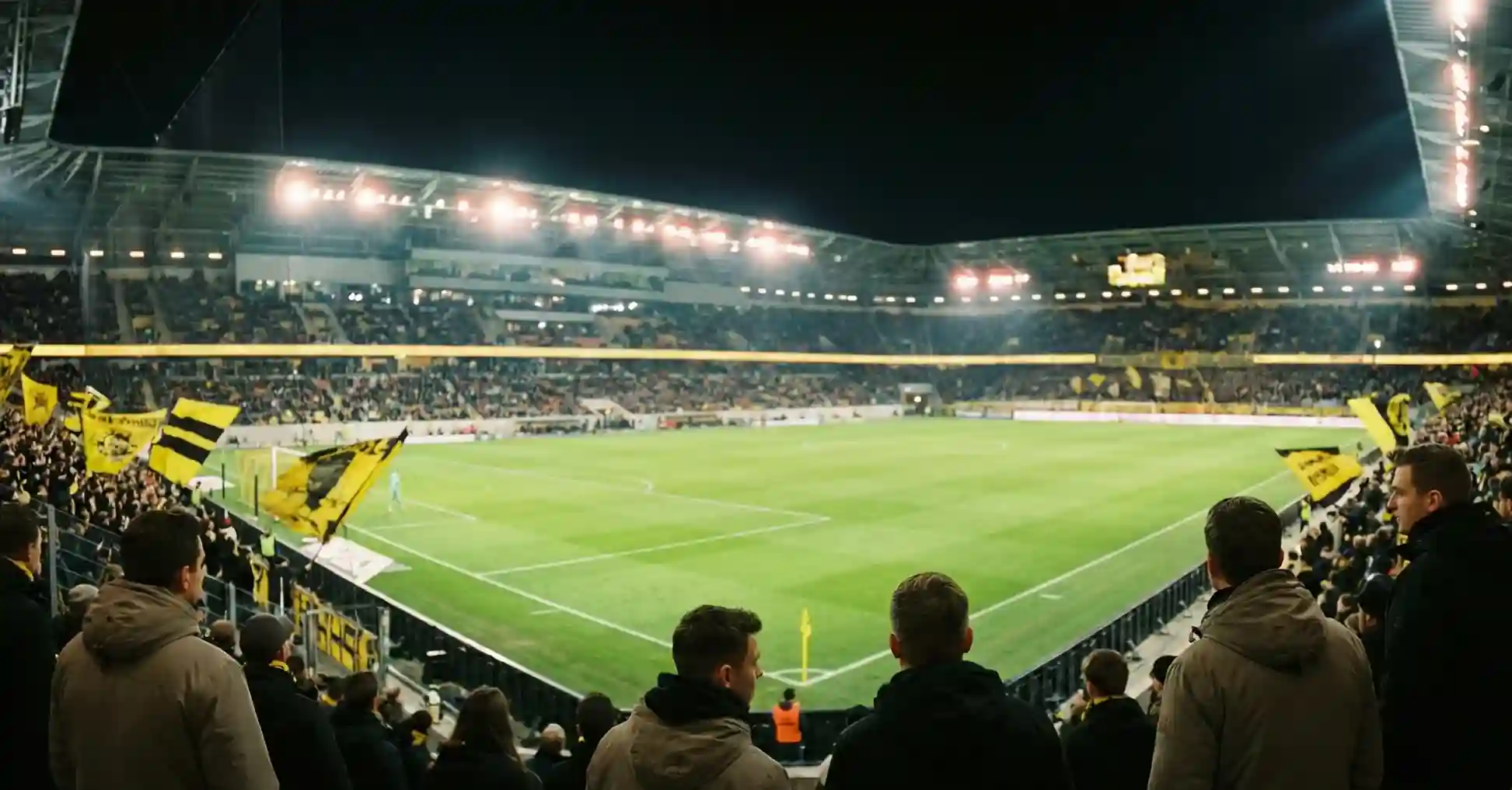 Widok na nowoczesny stadion piłkarski z żółto-czarnymi barwami na trybunach