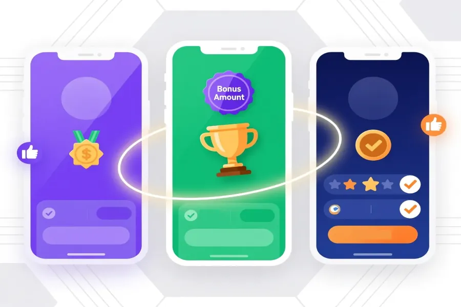 Porównanie platform bukmacherskich - trzy ekrany pokazujące różne oferty bonusowe i funkcje