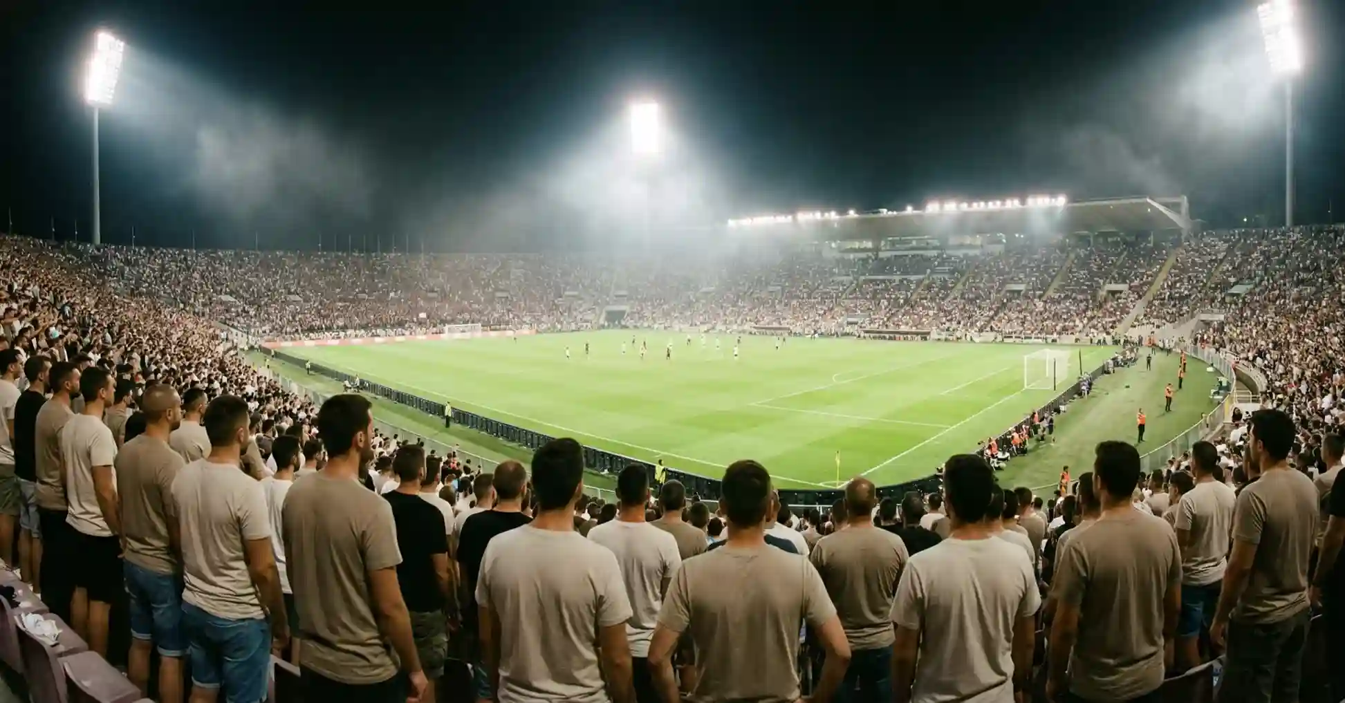 Widok na pełny stadion piłkarski z trybuną kibiców podczas meczu wieczorem