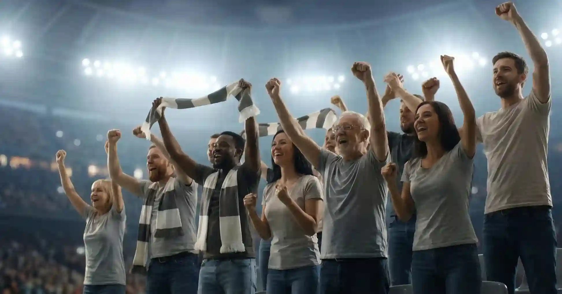 Kibice świętujący na stadionie piłkarskim z szalikami w rękach